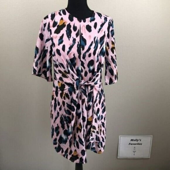 TCEC Lively Leopard Dress Short Sleeve Faux Wrap Keyhole Pink Animal Print - Picture 4 of 15